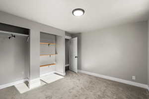 Unfurnished bedroom featuring carpet and a closet