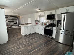 Kitchen with stainless steel appliances, white cabinets, a peninsula, open floor plan, and dark wood-type flooring
