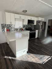 Kitchen featuring a peninsula, white cabinets, stainless steel appliances, decorative backsplash, and dark wood-style flooring