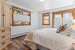 Bedroom with multiple windows, a baseboard heating unit, access to exterior, and dark wood-style floors
