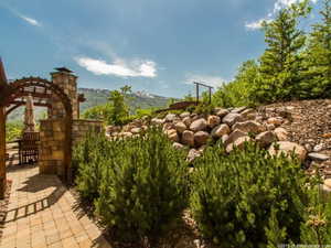 View of patio featuring a mountain view