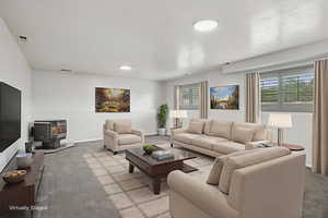 Living room with a wood stove