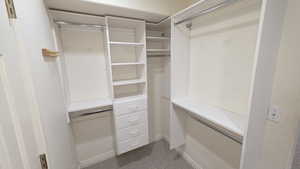 Walk in closet featuring dark colored carpet