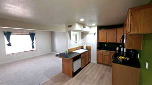 Kitchen with a textured ceiling, wood finish cabinets, dark countertops, dishwasher, and open floor plan