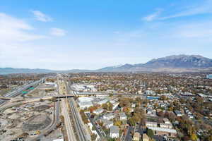 Aerial overview of property's location featuring mountains and a major roadway