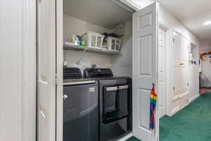 Washroom featuring carpet floors and washer and clothes dryer