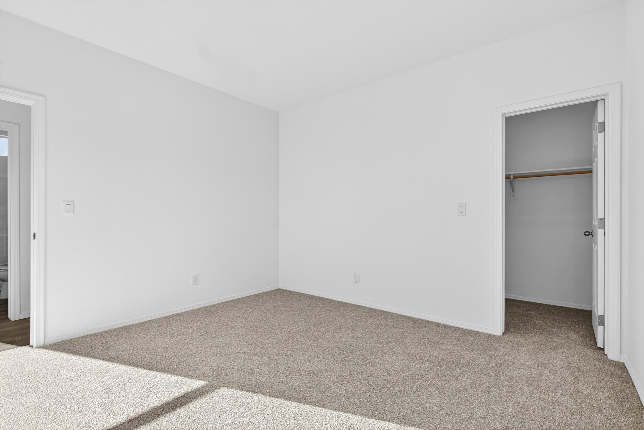 Unfurnished bedroom with a walk in closet and light colored carpet