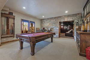 Rec room with billiards table, light carpet, and recessed lighting