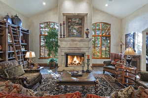 Living area featuring wood finished floors, a high end fireplace, and high vaulted ceiling