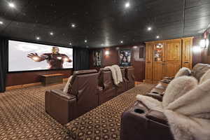 Home theater featuring carpet floors and baseboards