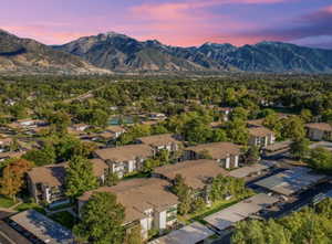 Aerial view of residential area with mountains