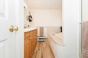 Full bath with vanity, light wood finished floors, a bath, and baseboard heating