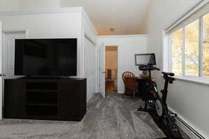 Carpeted office with a baseboard radiator and baseboards