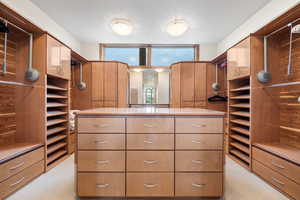 Walk in closet with light carpet