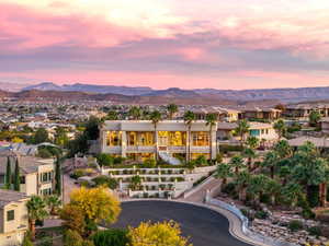 Exterior space with a mountain backdrop