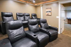 Carpeted cinema room featuring crown molding and recessed lighting