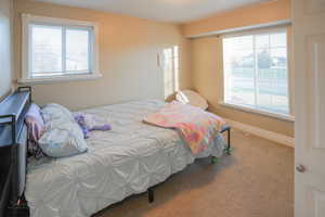 Carpeted bedroom featuring multiple windows