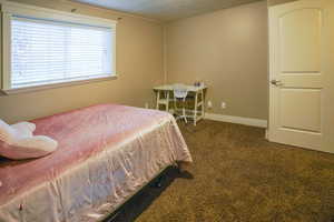 Bedroom with dark colored carpet and baseboards