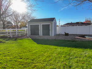 View of shed featuring a fenced backyard