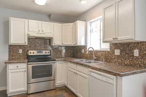 Kitchen with stainless steel electric stove, backsplash, white cabinetry, dishwasher, and under cabinet range hood