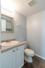 Bathroom featuring vanity, a textured ceiling, and stone tile floors