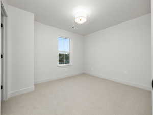 Unfurnished room with light carpet and baseboards
