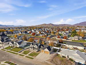Aerial view of residential area with mountains