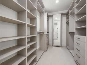 Spacious closet with light colored carpet