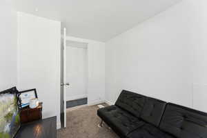 Living area featuring carpet and baseboards