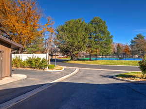 View of asphalt street featuring street lighting and curbs