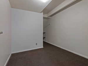 Walk in closet featuring dark carpet