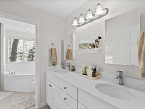 Large master Bathroom featuring double vanity, a garden tub