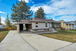 Ranch-style house with driveway, an attached carport, and roof with shingles