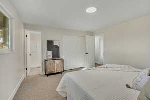 Bedroom featuring carpet and a closet