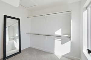 Walk in closet with light carpet and attic access