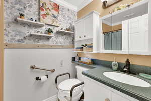 Bathroom featuring a shower with curtain, ornamental molding, and vanity