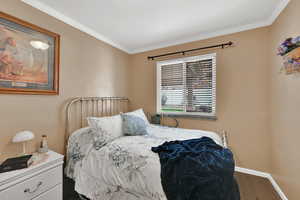Bedroom featuring ornamental molding and baseboards
