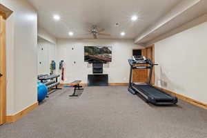 Workout room featuring recessed lighting, carpet, and ceiling fan