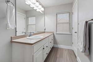 Bathroom featuring light wood finished floors, vanity, and plenty of natural light