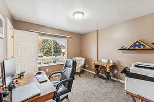 Office area with light carpet and a textured ceiling