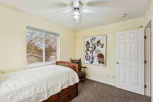 Bedroom with dark colored carpet and ceiling fan