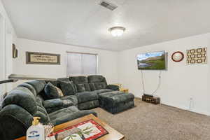 Living room with carpet flooring and a textured ceiling