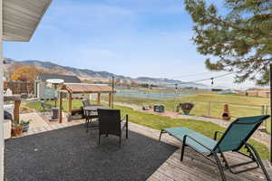 Fenced backyard with a mountain view and a patio