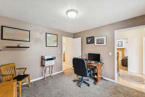 Office area with light colored carpet and a textured ceiling