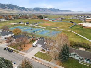 Bird's eye view of a mountainous background