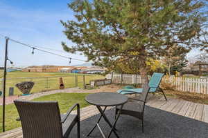 Fenced backyard featuring a deck