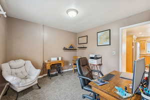 Home office with baseboards and light colored carpet
