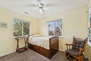 Carpeted bedroom featuring multiple windows and a ceiling fan