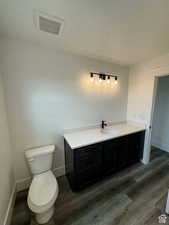 Bathroom featuring vanity, dark wood finished floors, and a textured ceiling