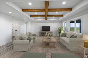 AI: Living area with beam ceiling, recessed lighting, coffered ceiling, and wood finished floors